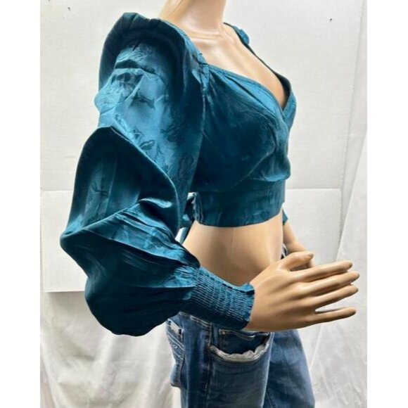 Band of the Free Top Womens Medium Wrap Crop Teal Satin Jacquard Festival Glam - Picture 3 of 10